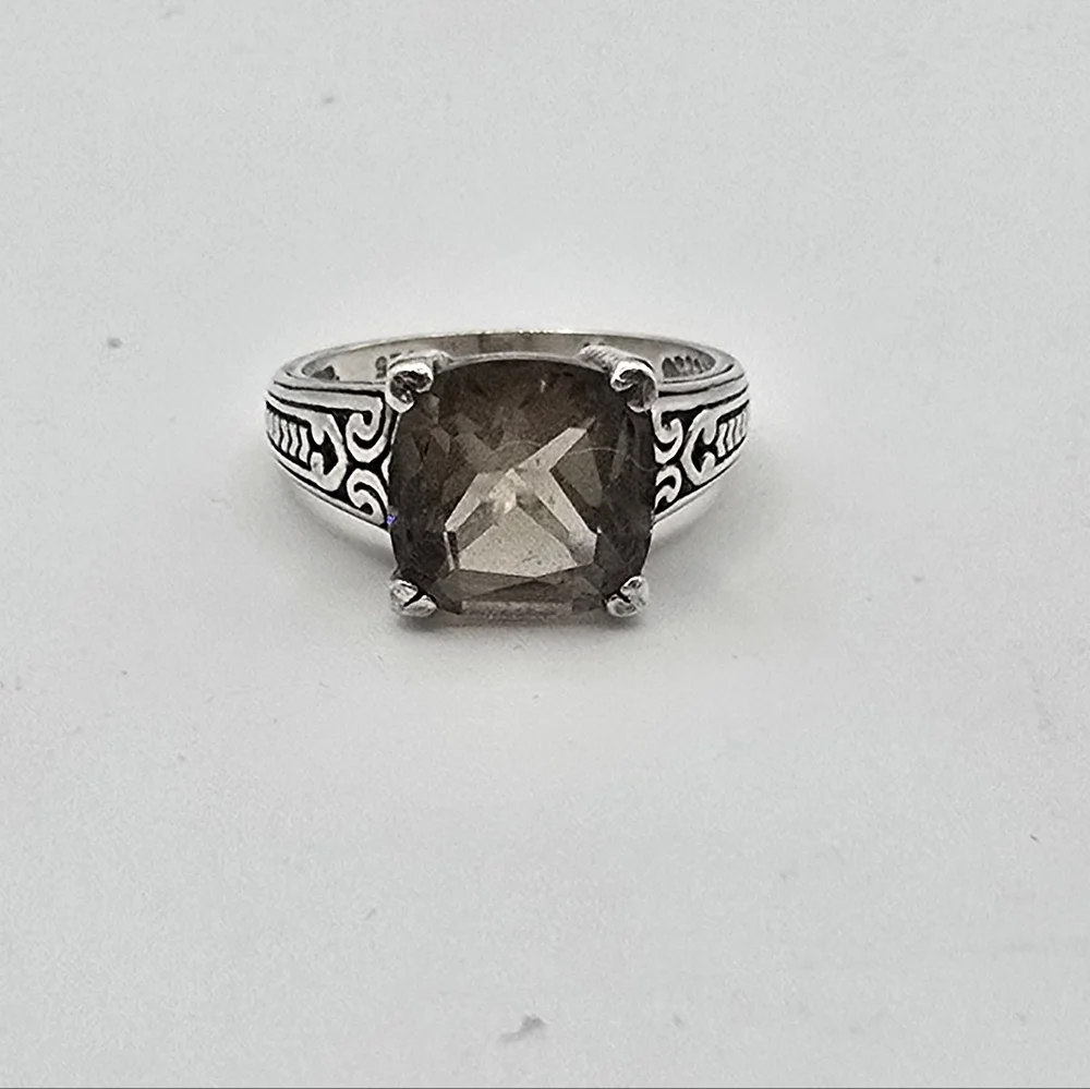 Vintage Smokey Topaz 10 mm square 925 Sterling Silver Solitaire Band Ring size 7